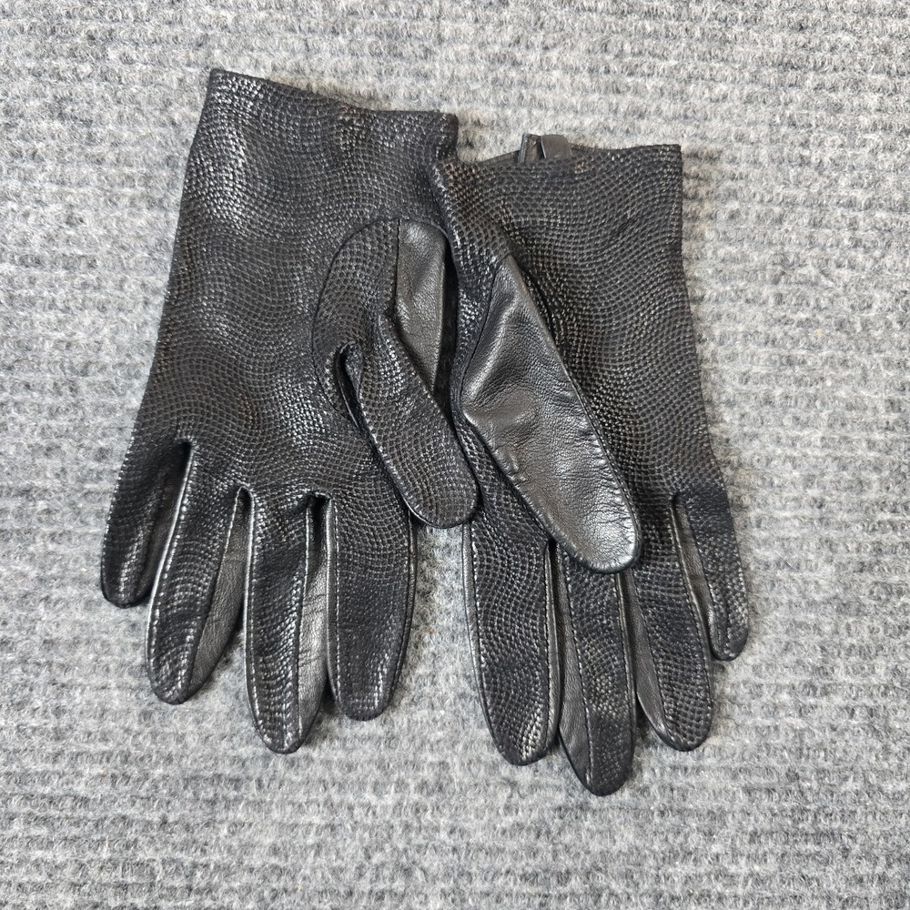 Vintage Etienne Aigner Black Leather Driving Gloves Womens Snap Wrist Textured
